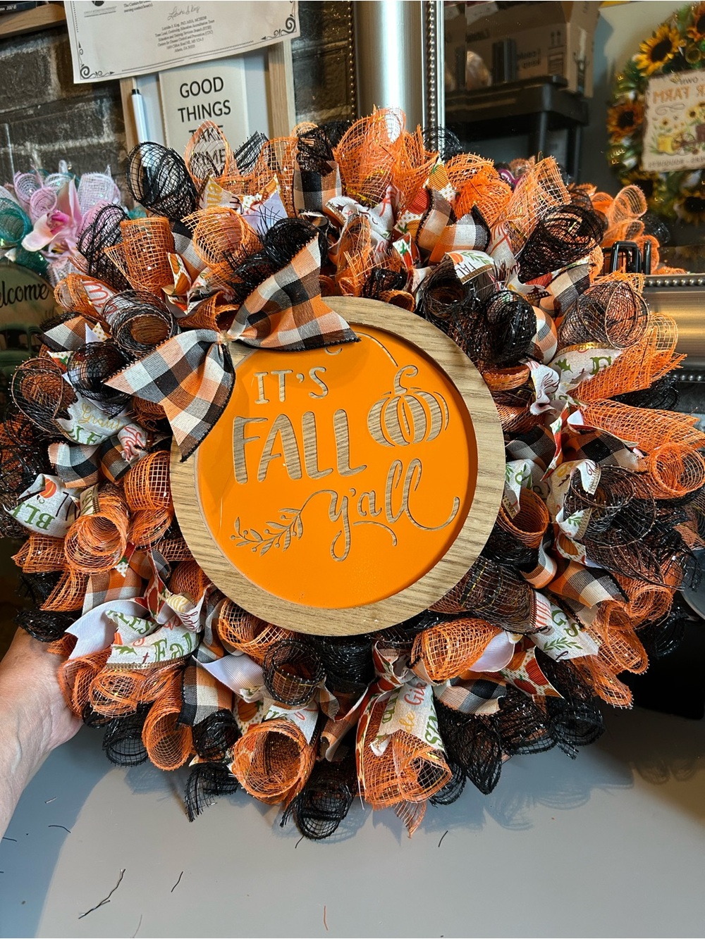 Hand Crafted Orange and Black "It's Fall Y'all" Wreath